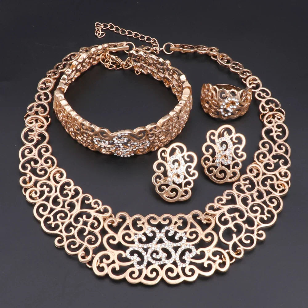 Jewelry Set Necklace Earrings Ring Bracelet (Gold)