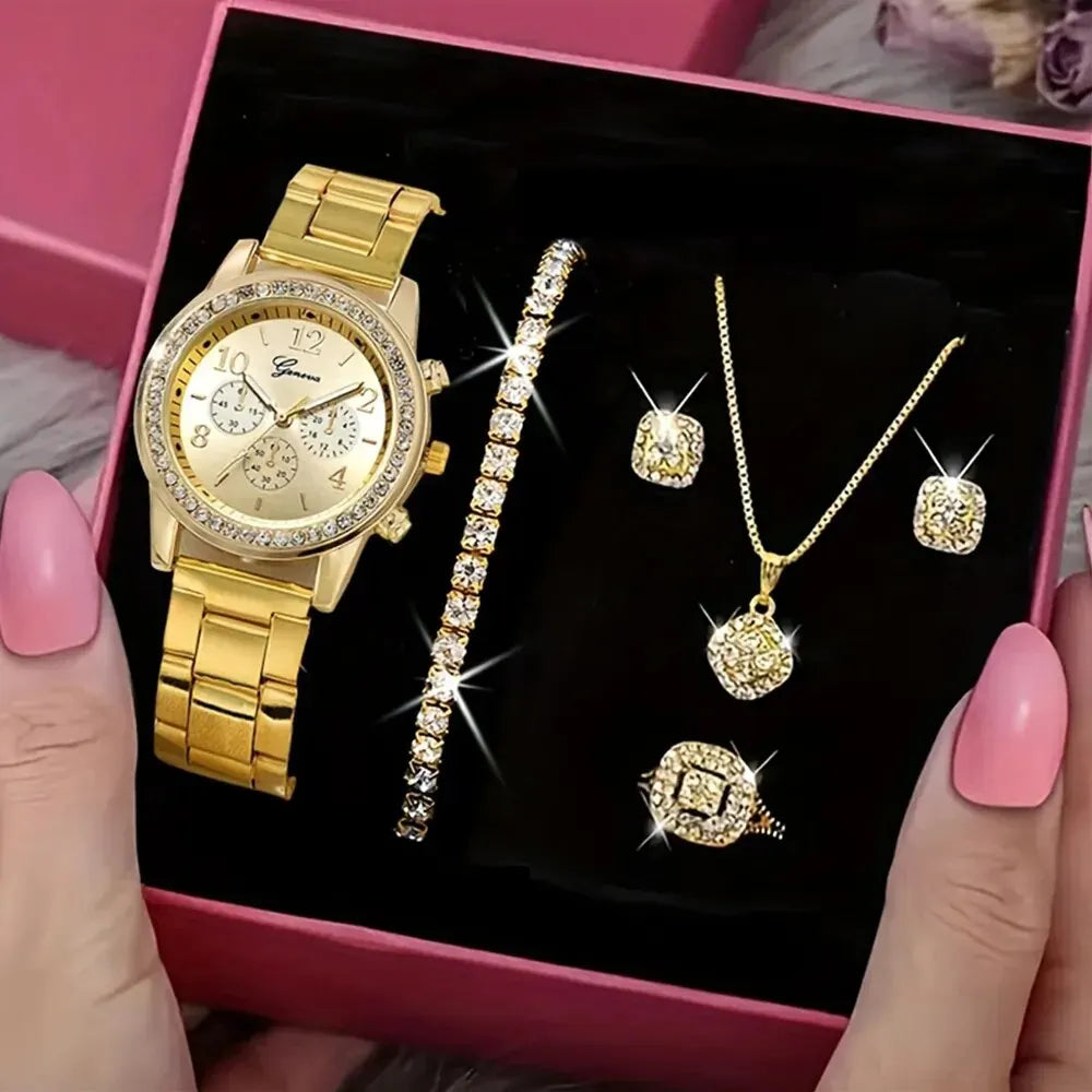 Womens Luxury Gold Watch Jewelry Set (5PCS)