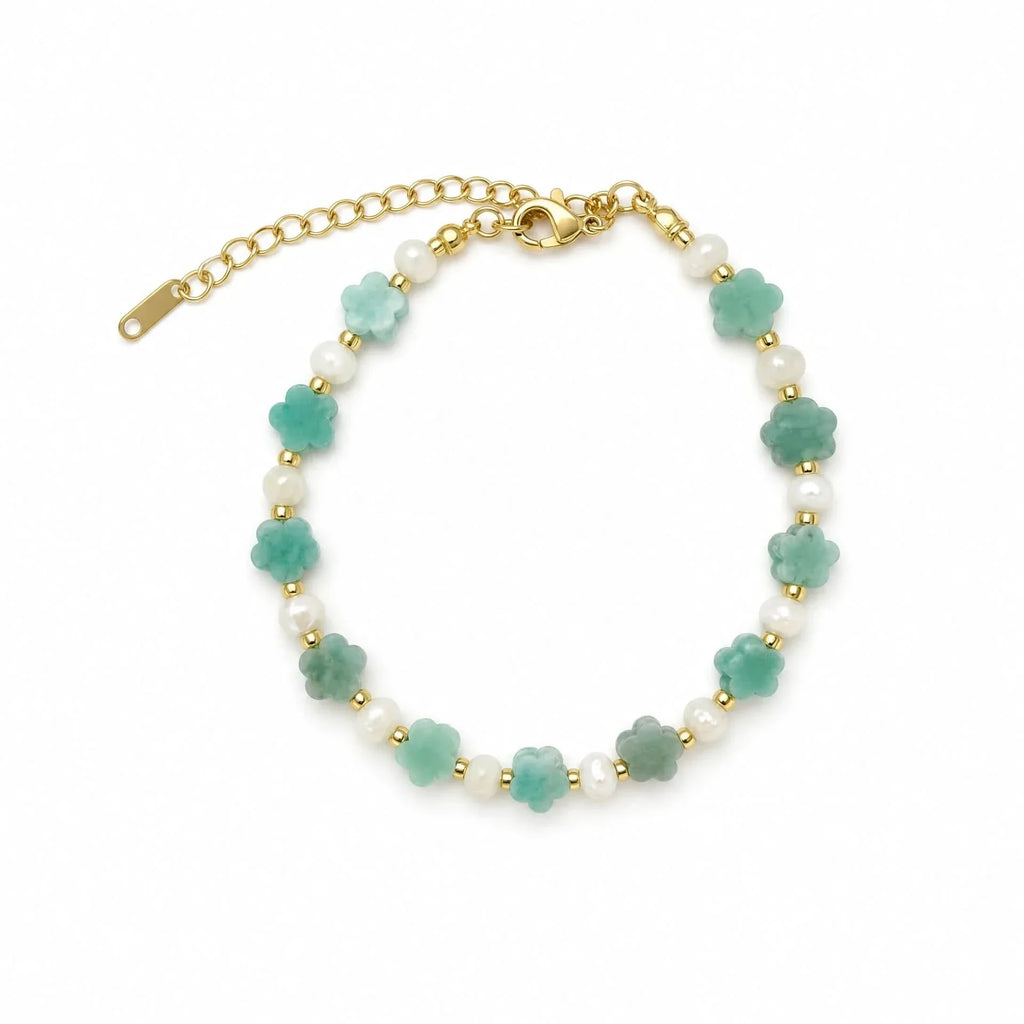 Carved Flower Gemstone and Pearl Bracelet